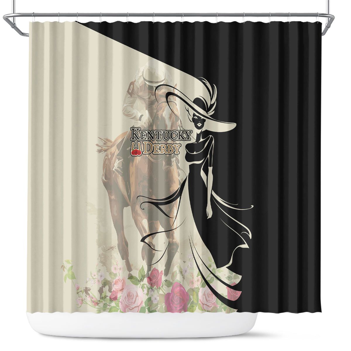 Kentucky Racing Horses Derby Hat Girl Shower Curtain Beige Color