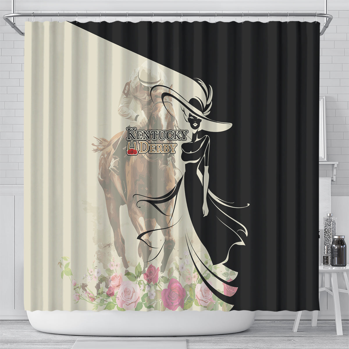 Kentucky Racing Horses Derby Hat Girl Shower Curtain Beige Color