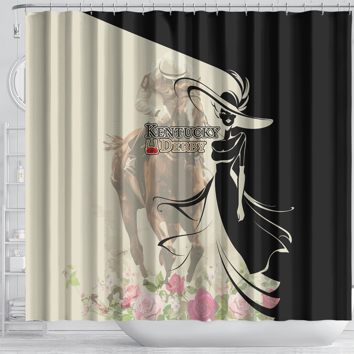 Kentucky Racing Horses Derby Hat Girl Shower Curtain Beige Color