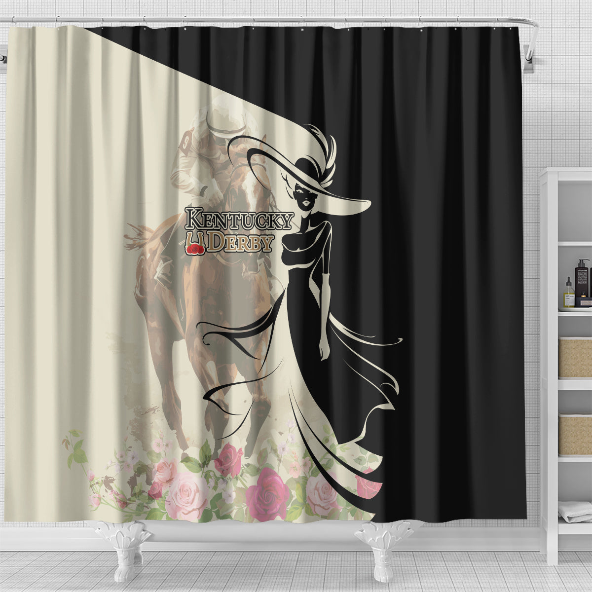 Kentucky Racing Horses Derby Hat Girl Shower Curtain Beige Color