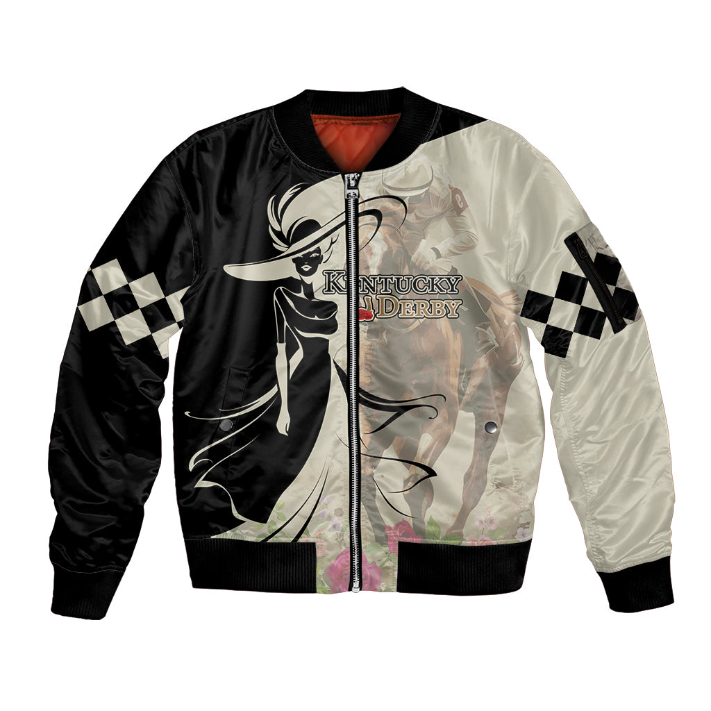 Kentucky Racing Horses Derby Hat Girl Sleeve Zip Bomber Jacket Beige Color - Wonder Print Shop