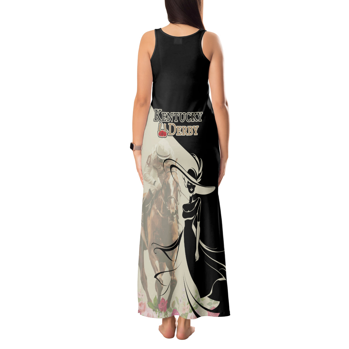 Kentucky Racing Horses Derby Hat Girl Tank Maxi Dress Beige Color - Wonder Print Shop