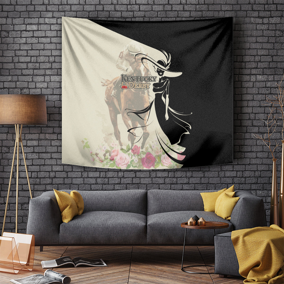 Kentucky Racing Horses Derby Hat Girl Tapestry Beige Color - Wonder Print Shop