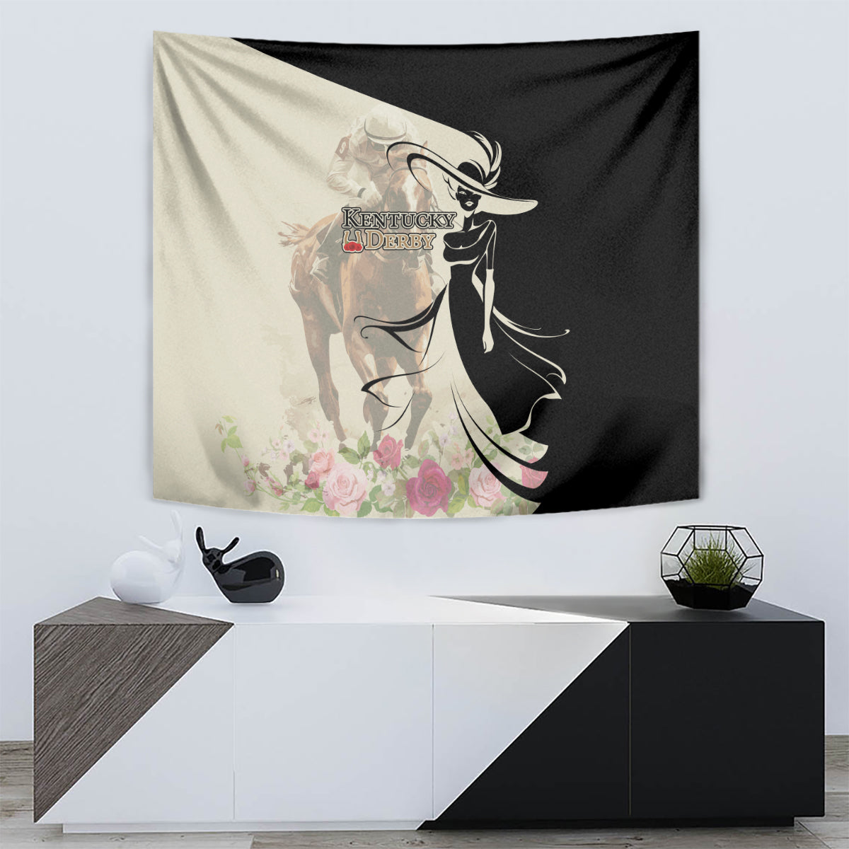 Kentucky Racing Horses Derby Hat Girl Tapestry Beige Color - Wonder Print Shop