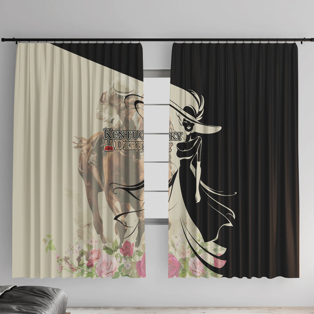 Kentucky Racing Horses Derby Hat Girl Window Curtain Beige Color - Wonder Print Shop