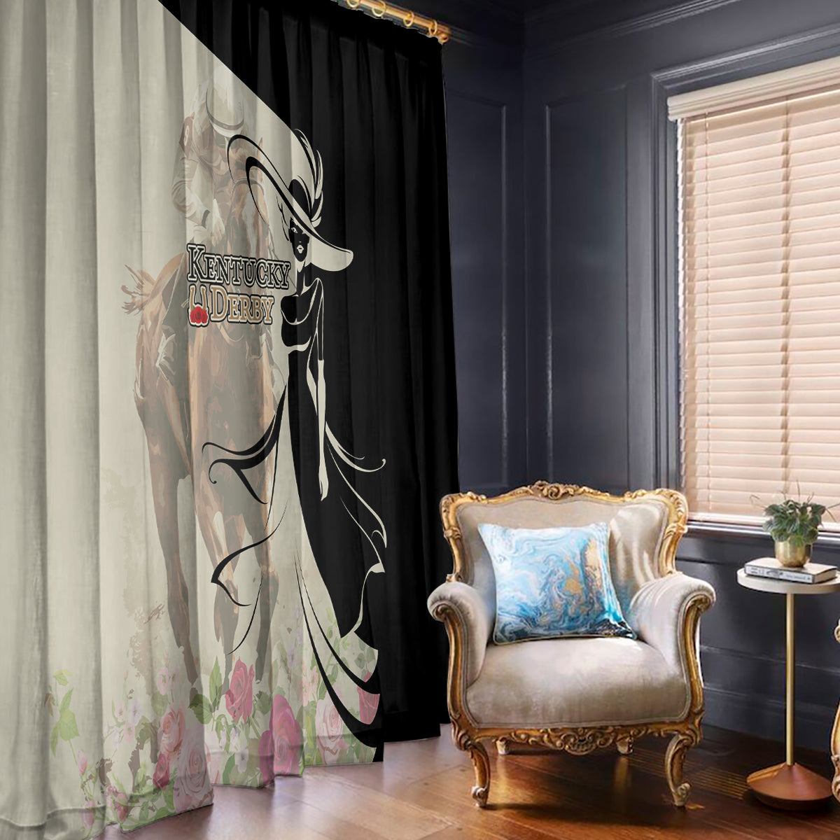 Kentucky Racing Horses Derby Hat Girl Window Curtain Beige Color - Wonder Print Shop