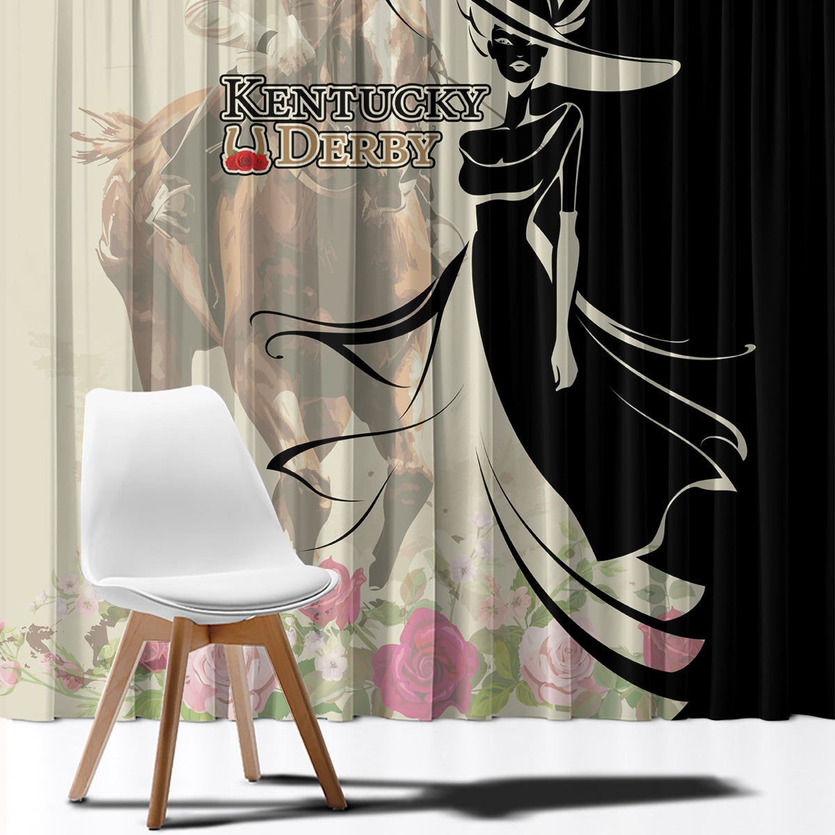Kentucky Racing Horses Derby Hat Girl Window Curtain Beige Color - Wonder Print Shop