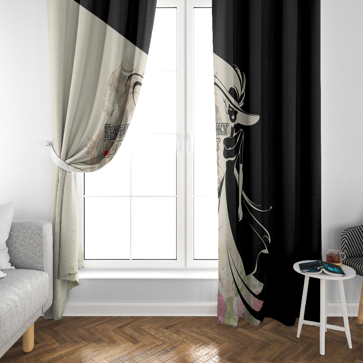 Kentucky Racing Horses Derby Hat Girl Window Curtain Beige Color - Wonder Print Shop