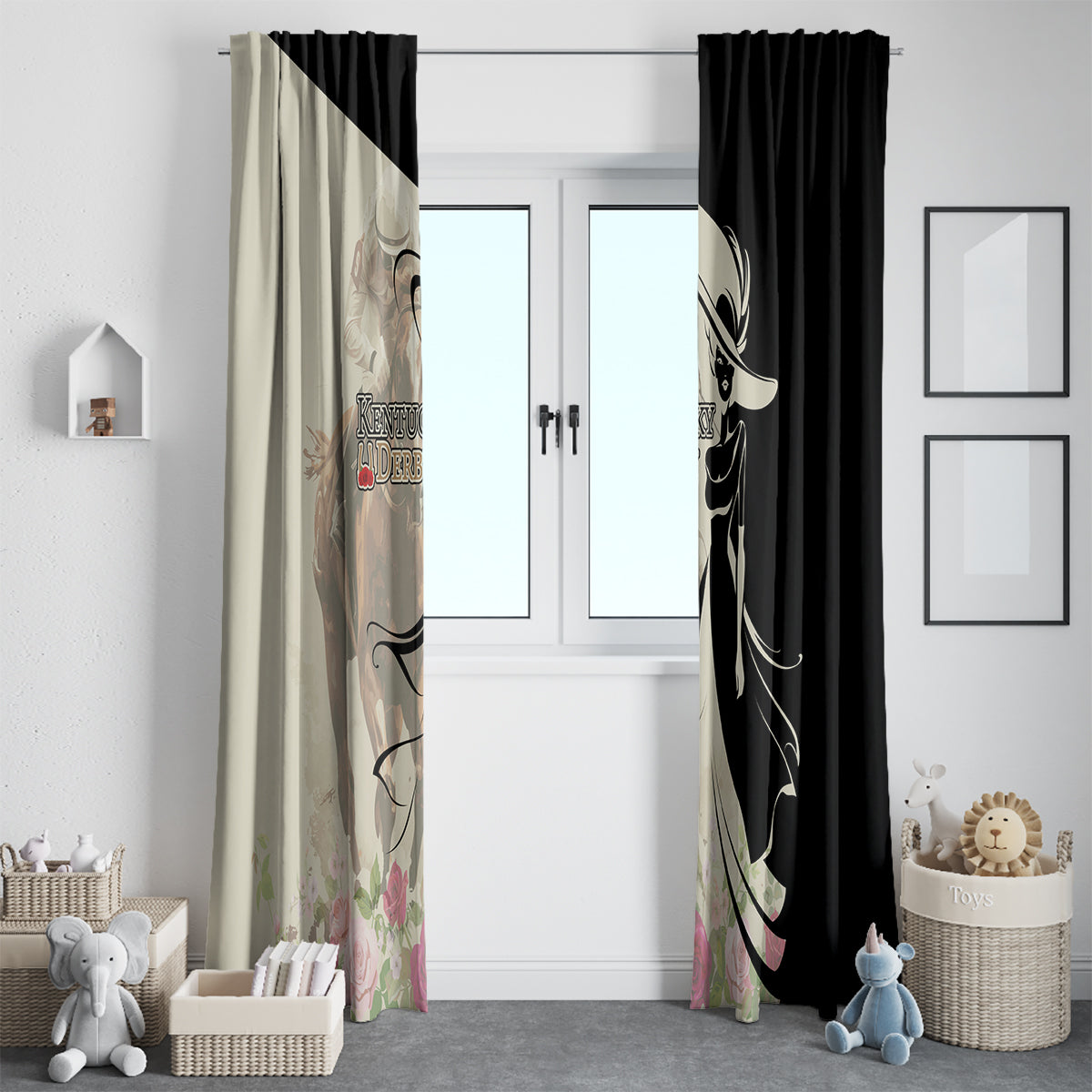 Kentucky Racing Horses Derby Hat Girl Window Curtain Beige Color - Wonder Print Shop