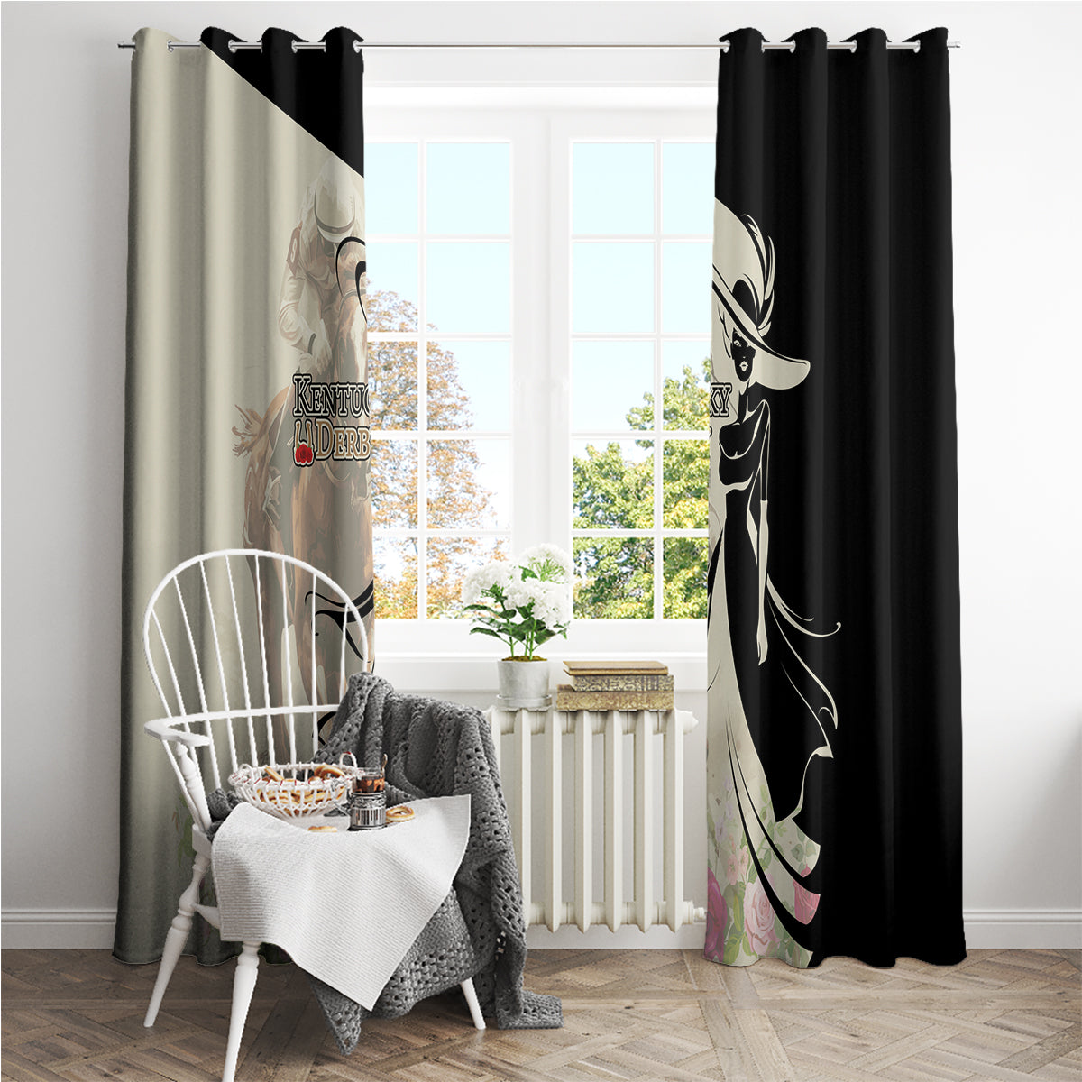 Kentucky Racing Horses Derby Hat Girl Window Curtain Beige Color - Wonder Print Shop