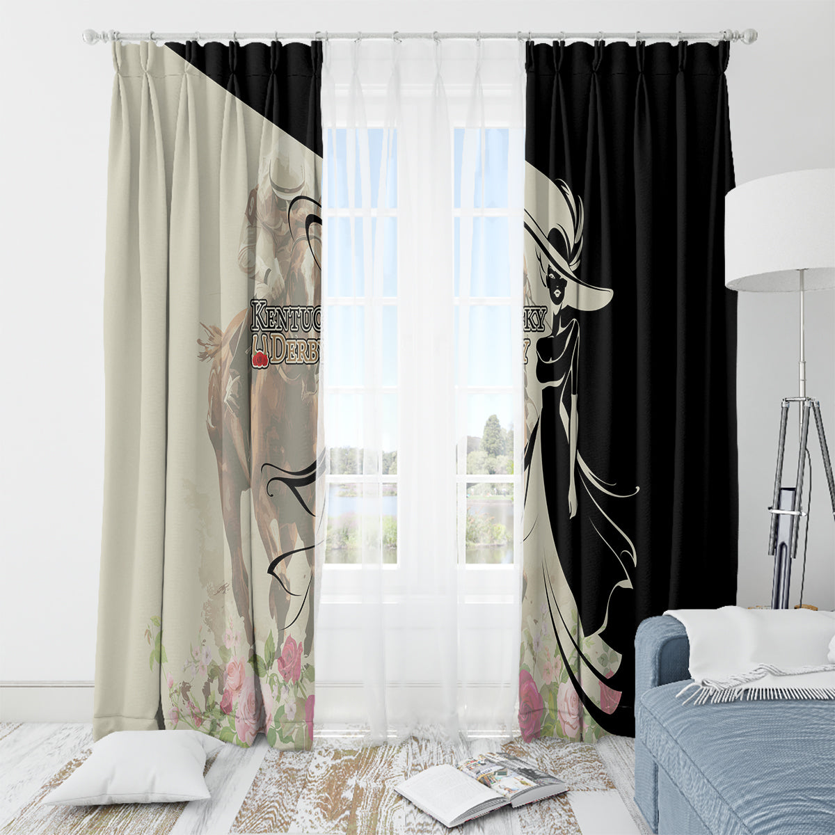 Kentucky Racing Horses Derby Hat Girl Window Curtain Beige Color - Wonder Print Shop