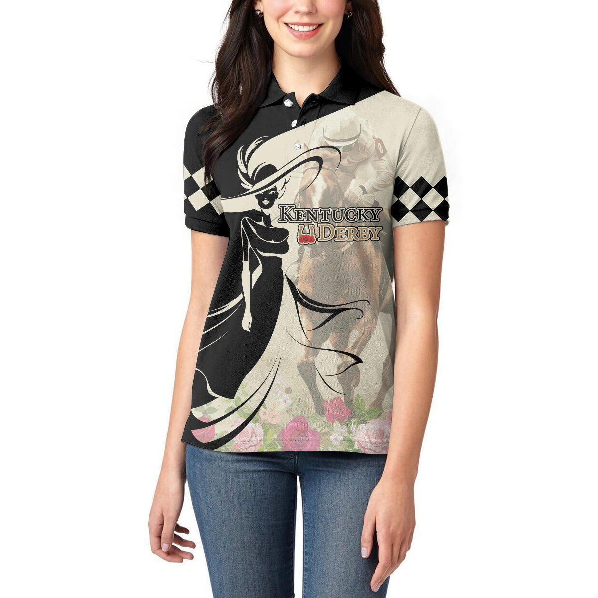 Kentucky Racing Horses Derby Hat Girl Women Polo Shirt Beige Color - Wonder Print Shop