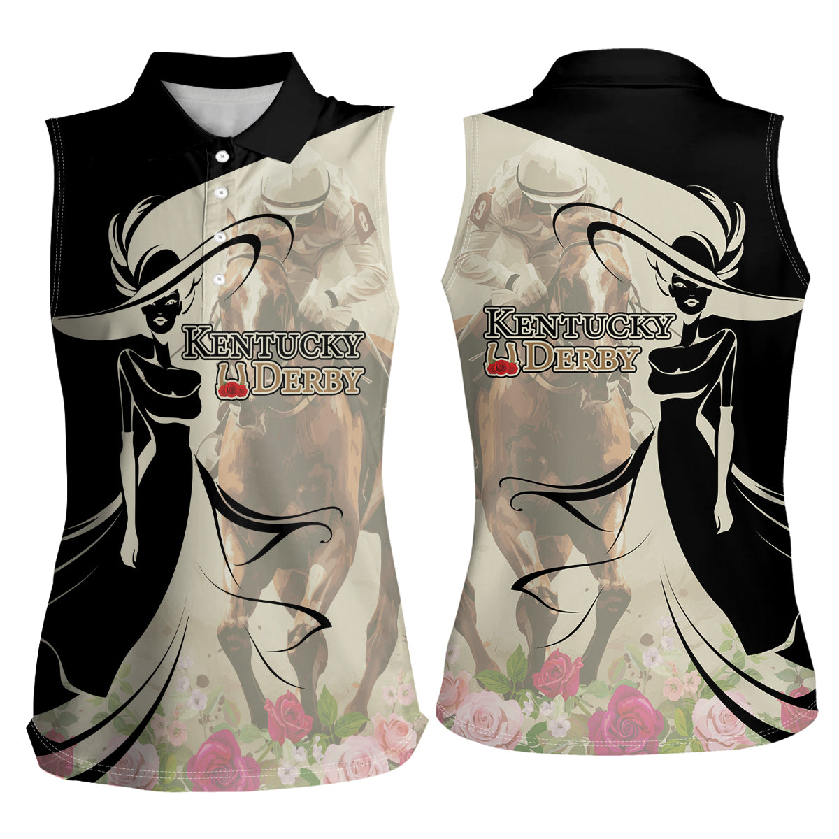 Kentucky Racing Horses Derby Hat Girl Women Sleeveless Polo Shirt Beige Color - Wonder Print Shop