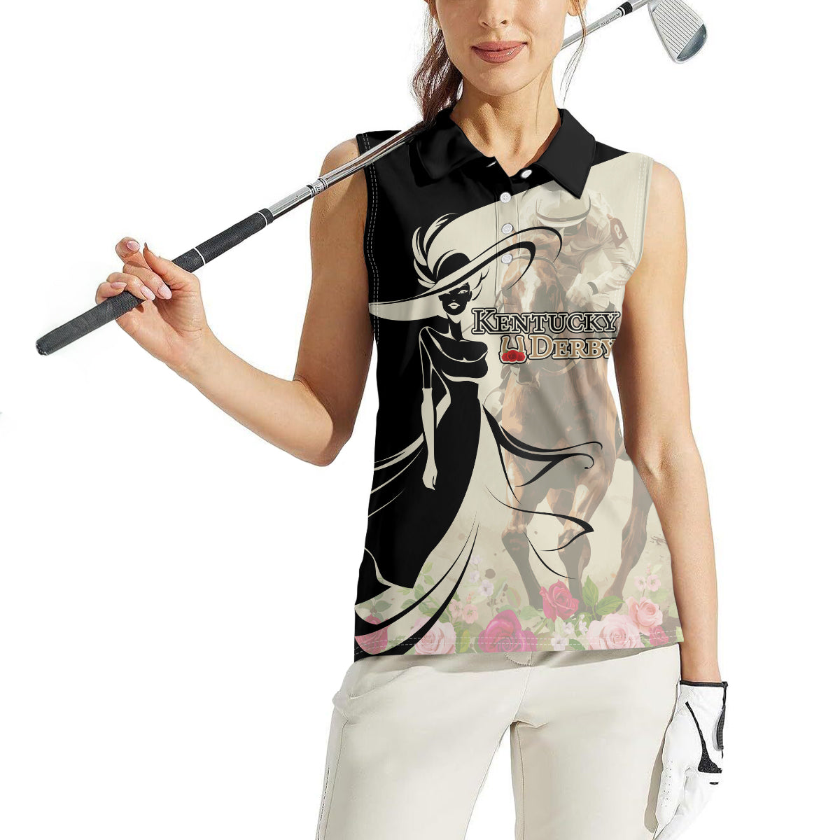 Kentucky Racing Horses Derby Hat Girl Women Sleeveless Polo Shirt Beige Color - Wonder Print Shop