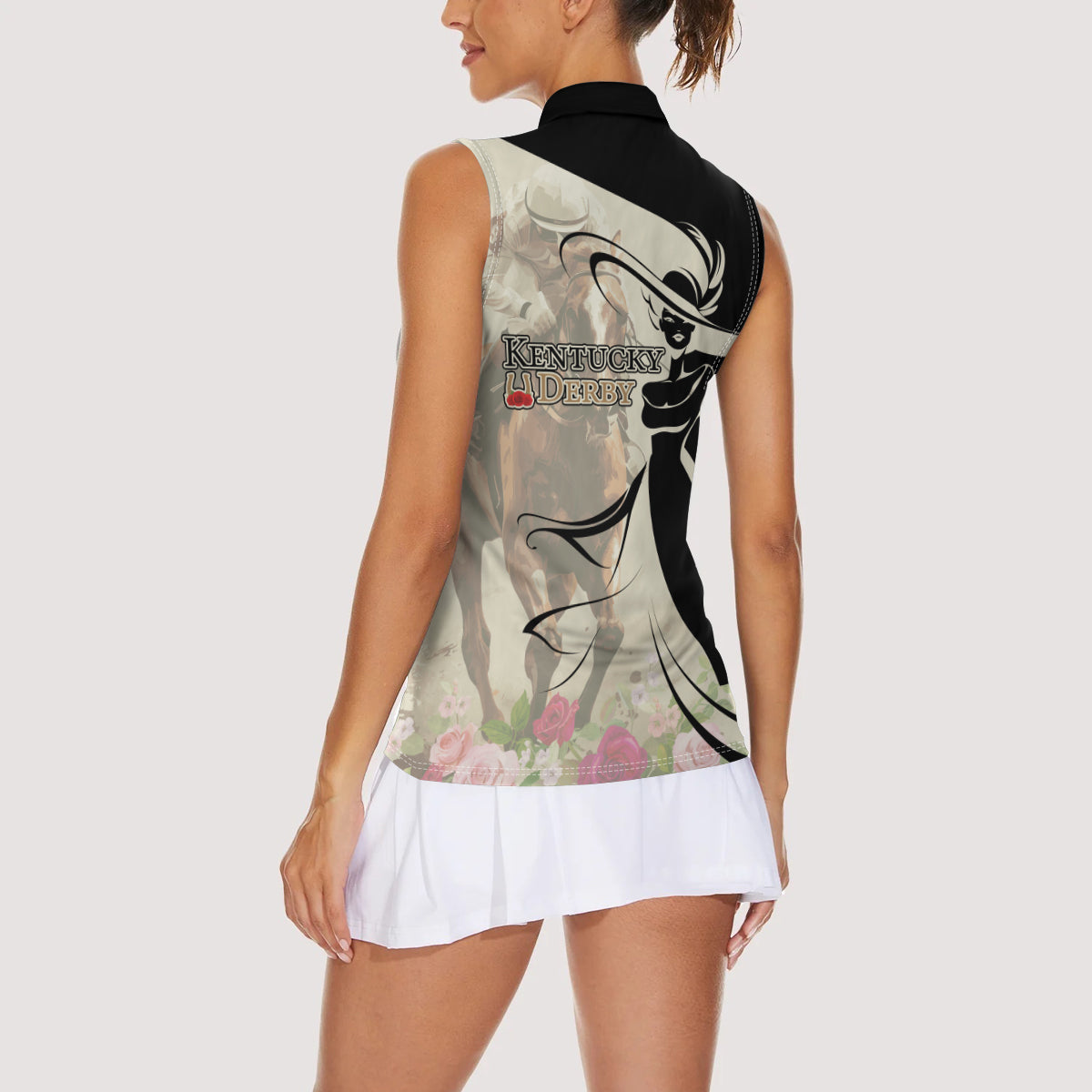 Kentucky Racing Horses Derby Hat Girl Women Sleeveless Polo Shirt Beige Color - Wonder Print Shop