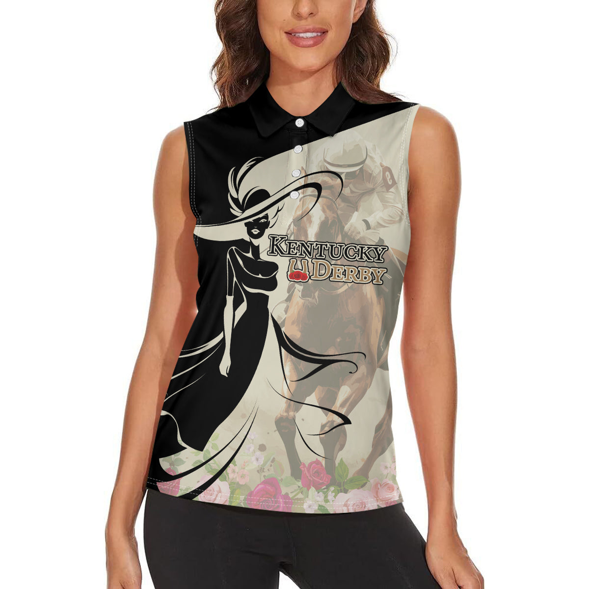 Kentucky Racing Horses Derby Hat Girl Women Sleeveless Polo Shirt Beige Color - Wonder Print Shop