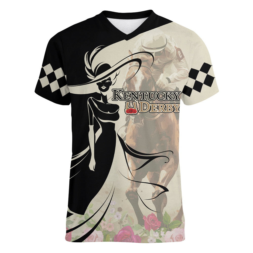 Kentucky Racing Horses Derby Hat Girl Women V-Neck T-Shirt Beige Color - Wonder Print Shop