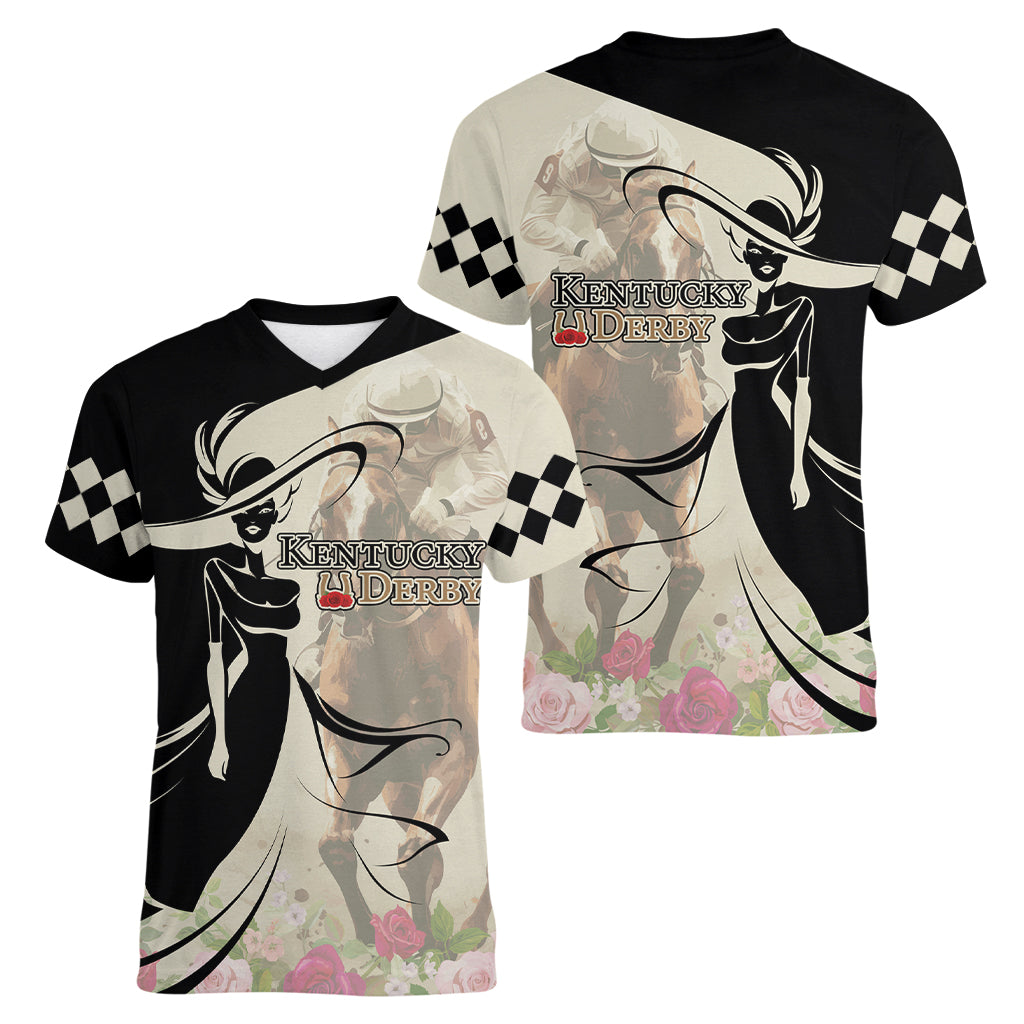 Kentucky Racing Horses Derby Hat Girl Women V-Neck T-Shirt Beige Color - Wonder Print Shop