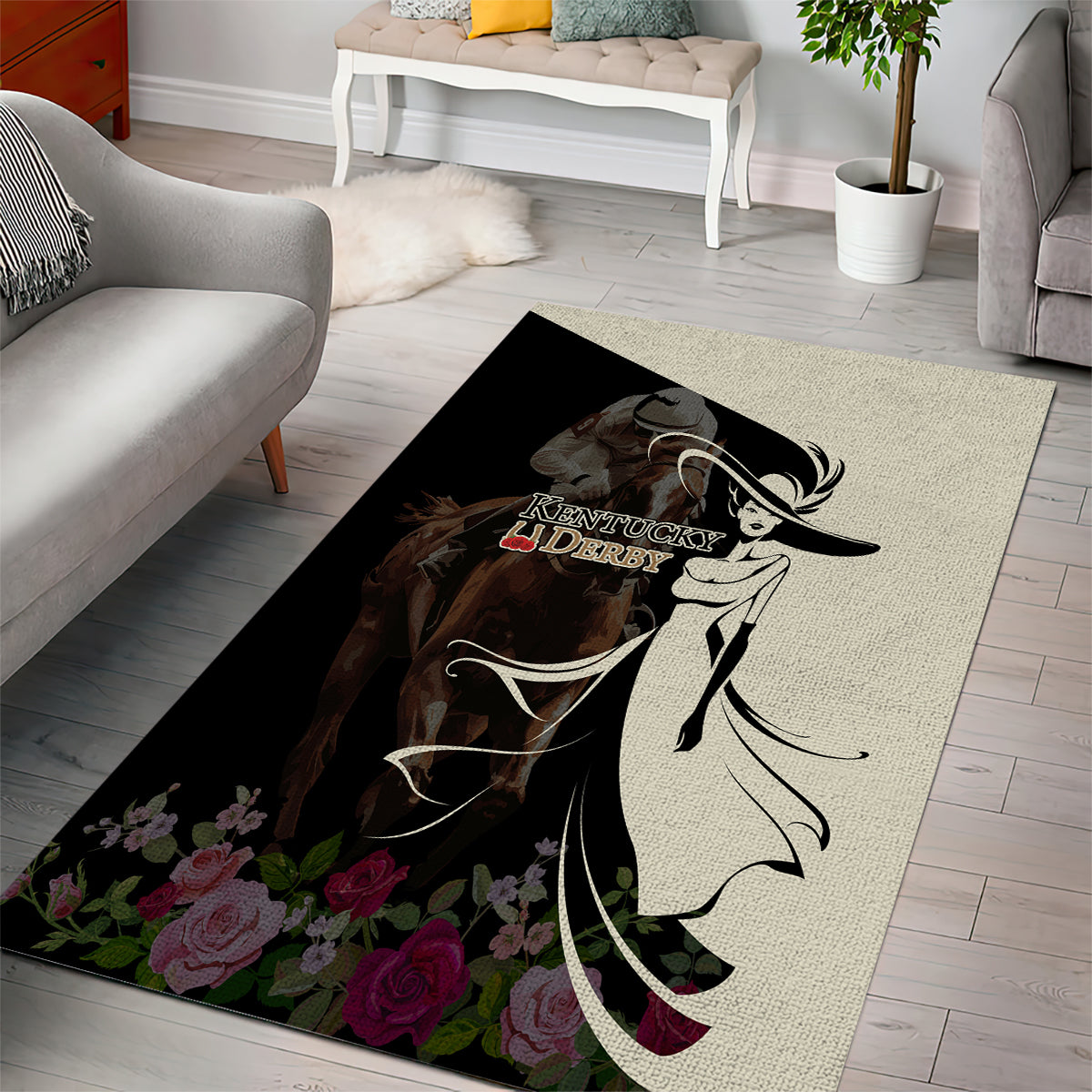 Kentucky Racing Horses Derby Hat Girl Area Rug Black Color - Wonder Print Shop