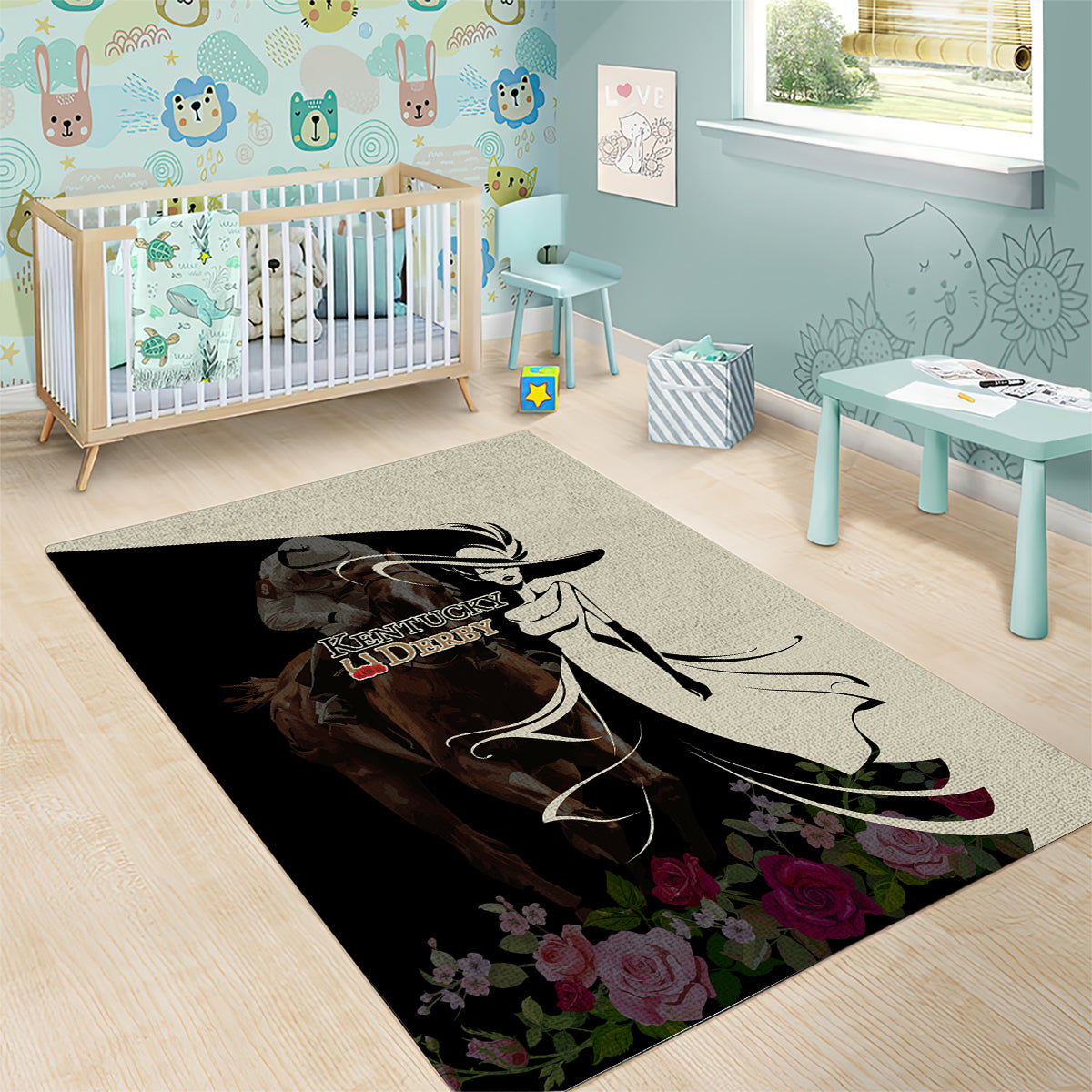 Kentucky Racing Horses Derby Hat Girl Area Rug Black Color - Wonder Print Shop