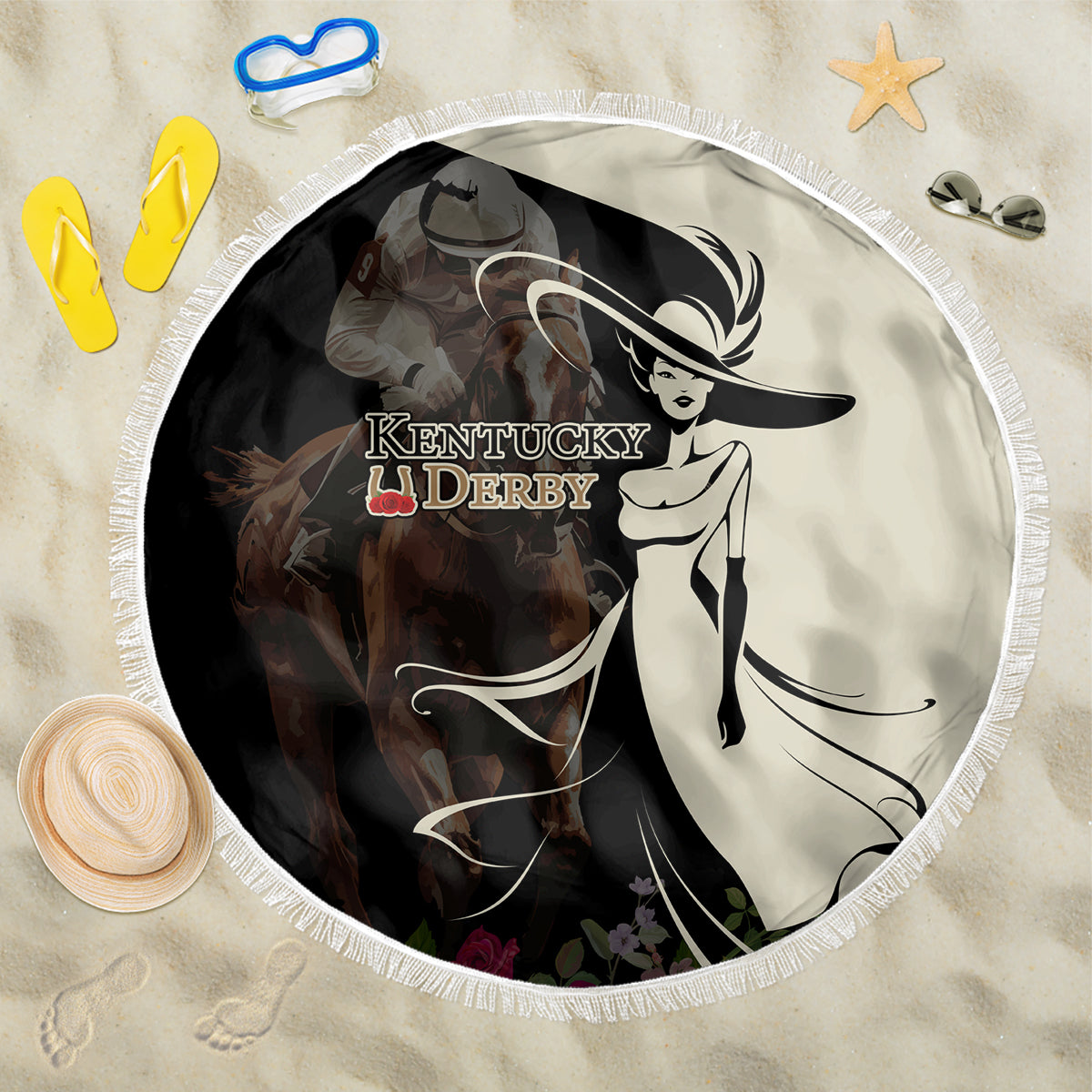 Kentucky Racing Horses Derby Hat Girl Beach Blanket Black Color - Wonder Print Shop
