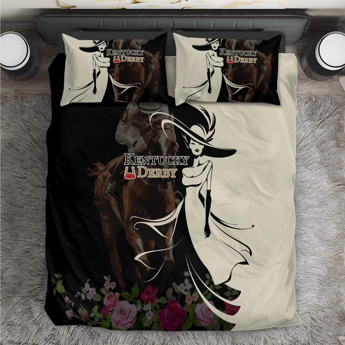 Kentucky Racing Horses Derby Hat Girl Bedding Set Black Color - Wonder Print Shop