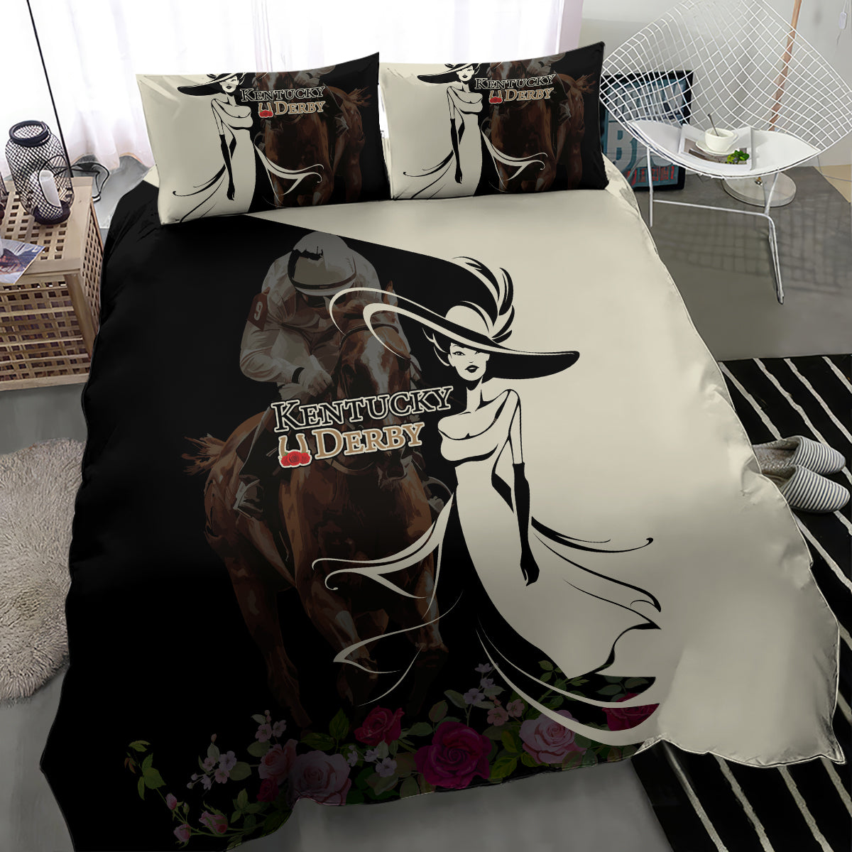 Kentucky Racing Horses Derby Hat Girl Bedding Set Black Color - Wonder Print Shop