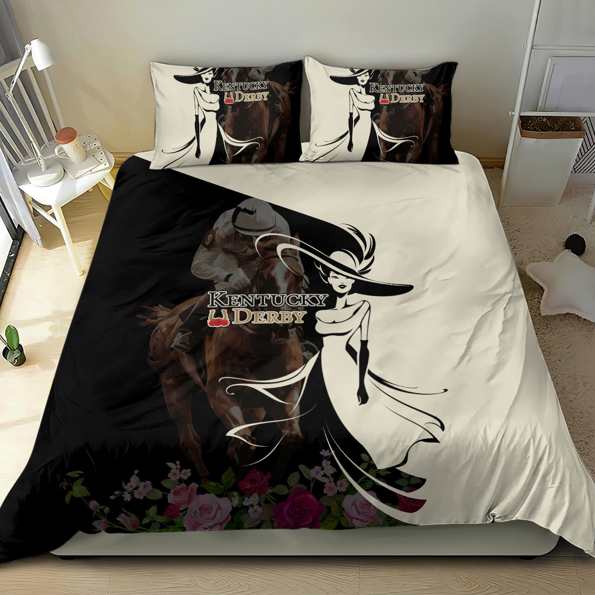 Kentucky Racing Horses Derby Hat Girl Bedding Set Black Color - Wonder Print Shop