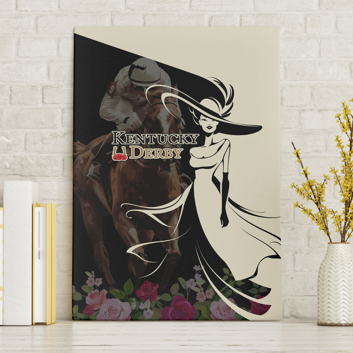 Kentucky Racing Horses Derby Hat Girl Canvas Wall Art Black Color - Wonder Print Shop