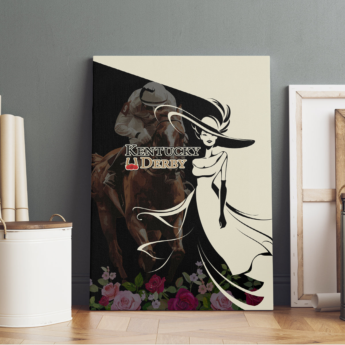 Kentucky Racing Horses Derby Hat Girl Canvas Wall Art Black Color - Wonder Print Shop