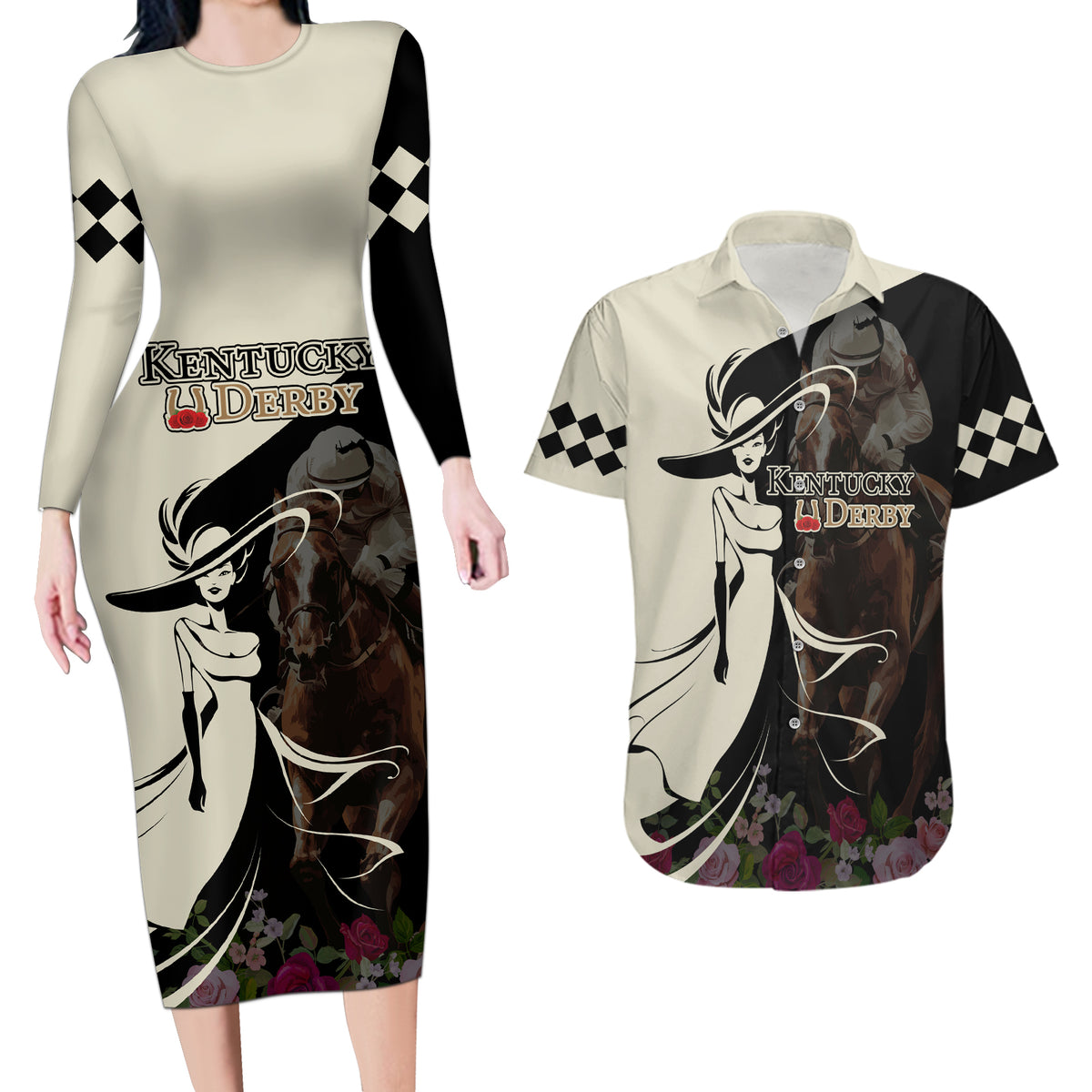 Kentucky Racing Horses Derby Hat Girl Couples Matching Long Sleeve Bodycon Dress and Hawaiian Shirt Black Color - Wonder Print Shop
