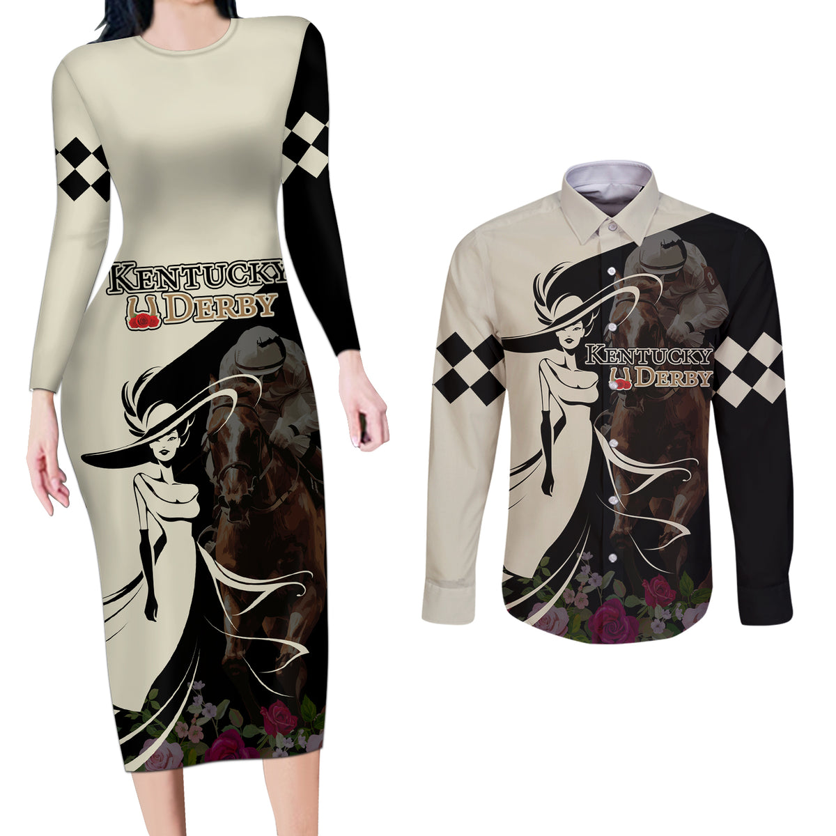 Kentucky Racing Horses Derby Hat Girl Couples Matching Long Sleeve Bodycon Dress and Long Sleeve Button Shirt Black Color - Wonder Print Shop
