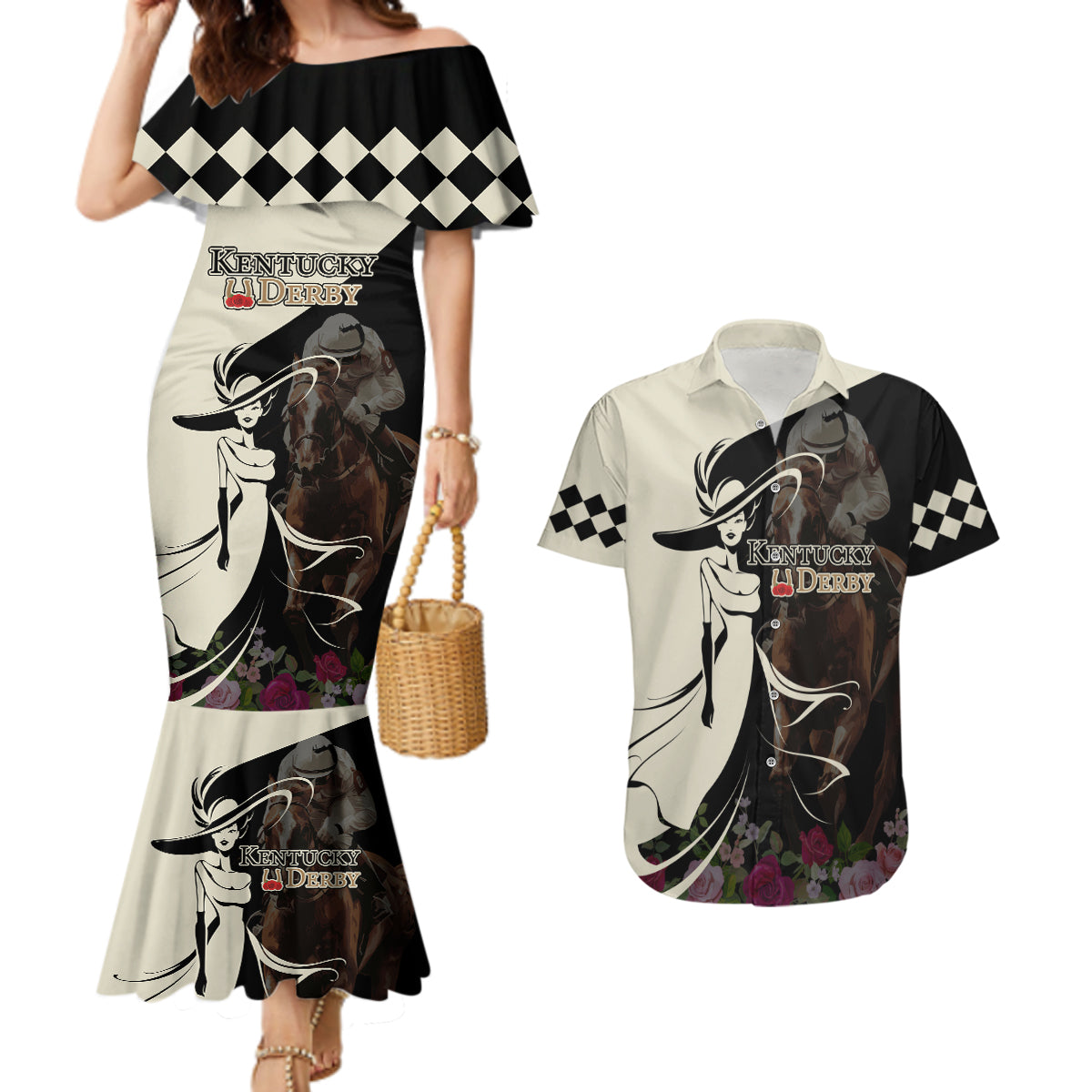 Kentucky Racing Horses Derby Hat Girl Couples Matching Mermaid Dress and Hawaiian Shirt Black Color - Wonder Print Shop