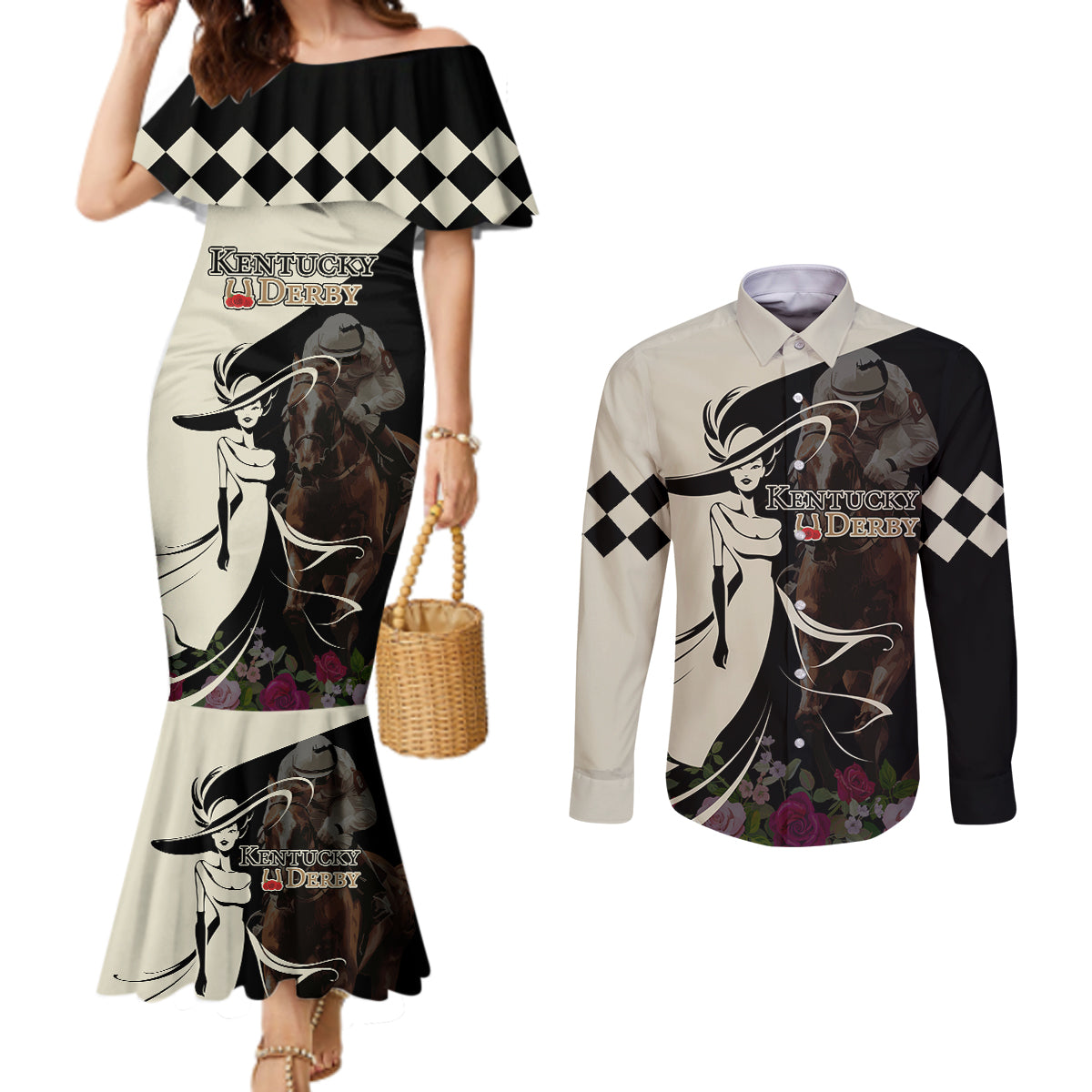 Kentucky Racing Horses Derby Hat Girl Couples Matching Mermaid Dress and Long Sleeve Button Shirt Black Color