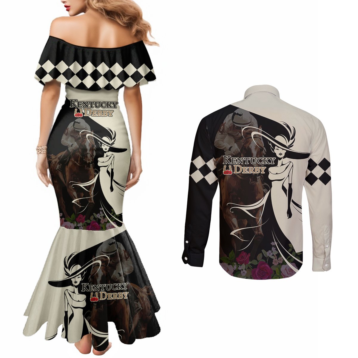 Kentucky Racing Horses Derby Hat Girl Couples Matching Mermaid Dress and Long Sleeve Button Shirt Black Color