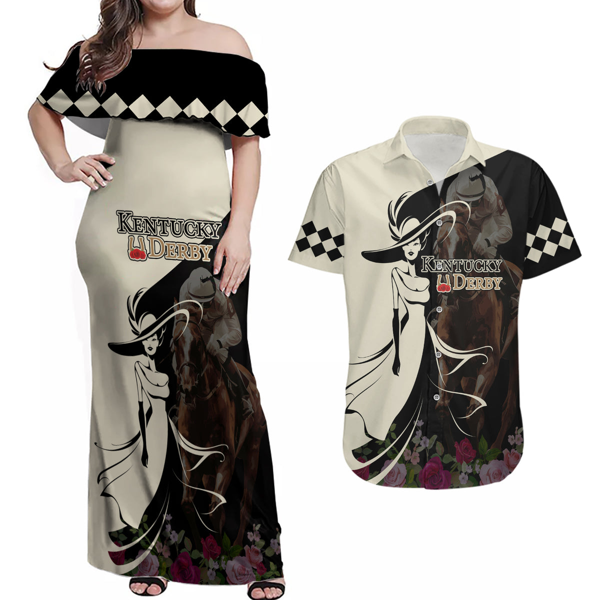 Kentucky Racing Horses Derby Hat Girl Couples Matching Off Shoulder Maxi Dress and Hawaiian Shirt Black Color - Wonder Print Shop