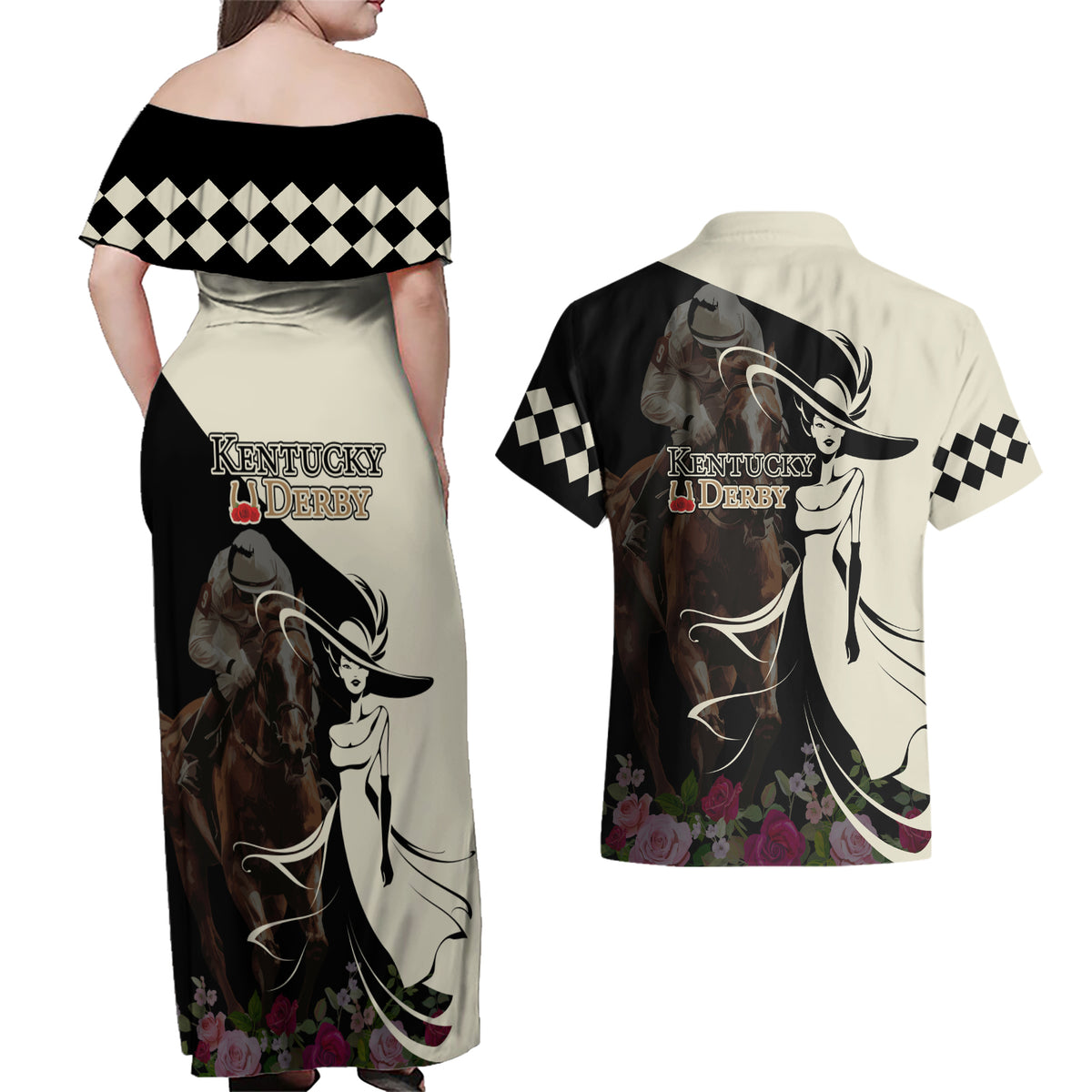 Kentucky Racing Horses Derby Hat Girl Couples Matching Off Shoulder Maxi Dress and Hawaiian Shirt Black Color - Wonder Print Shop