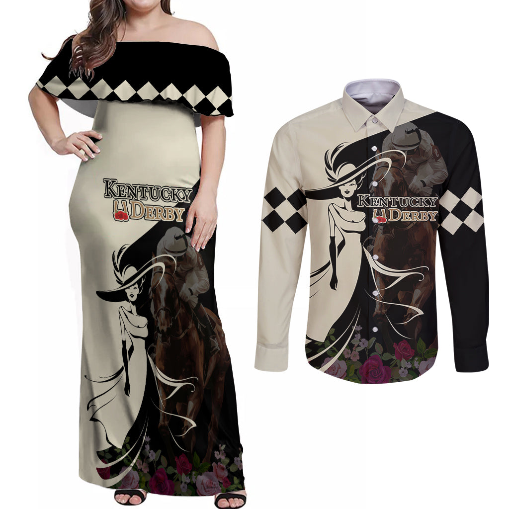 Kentucky Racing Horses Derby Hat Girl Couples Matching Off Shoulder Maxi Dress and Long Sleeve Button Shirt Black Color - Wonder Print Shop