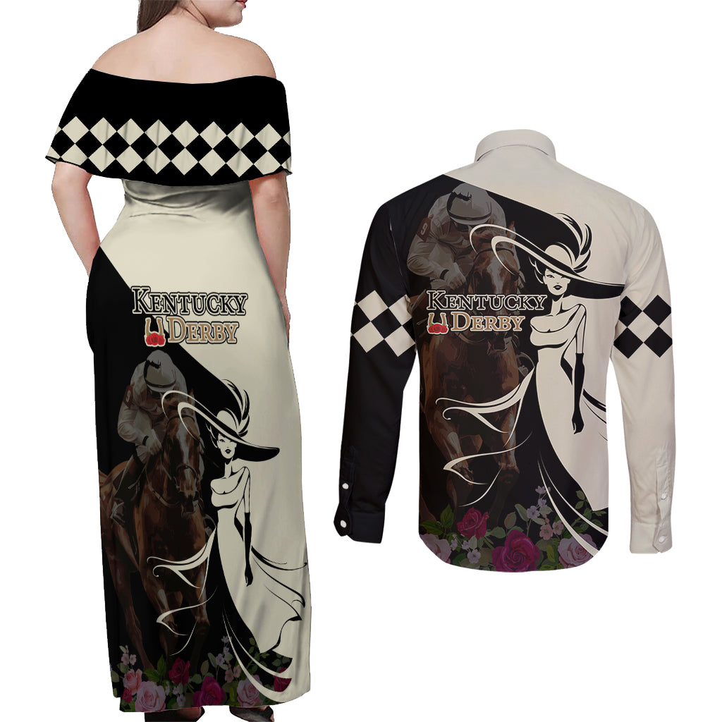 Kentucky Racing Horses Derby Hat Girl Couples Matching Off Shoulder Maxi Dress and Long Sleeve Button Shirt Black Color - Wonder Print Shop