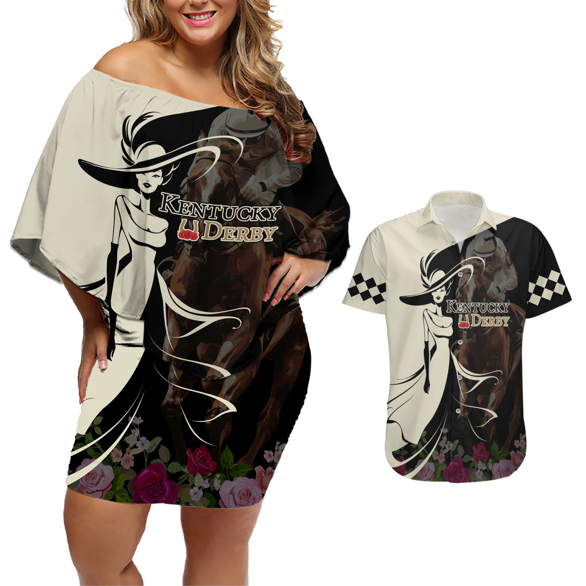 Kentucky Racing Horses Derby Hat Girl Couples Matching Off Shoulder Short Dress and Hawaiian Shirt Black Color - Wonder Print Shop