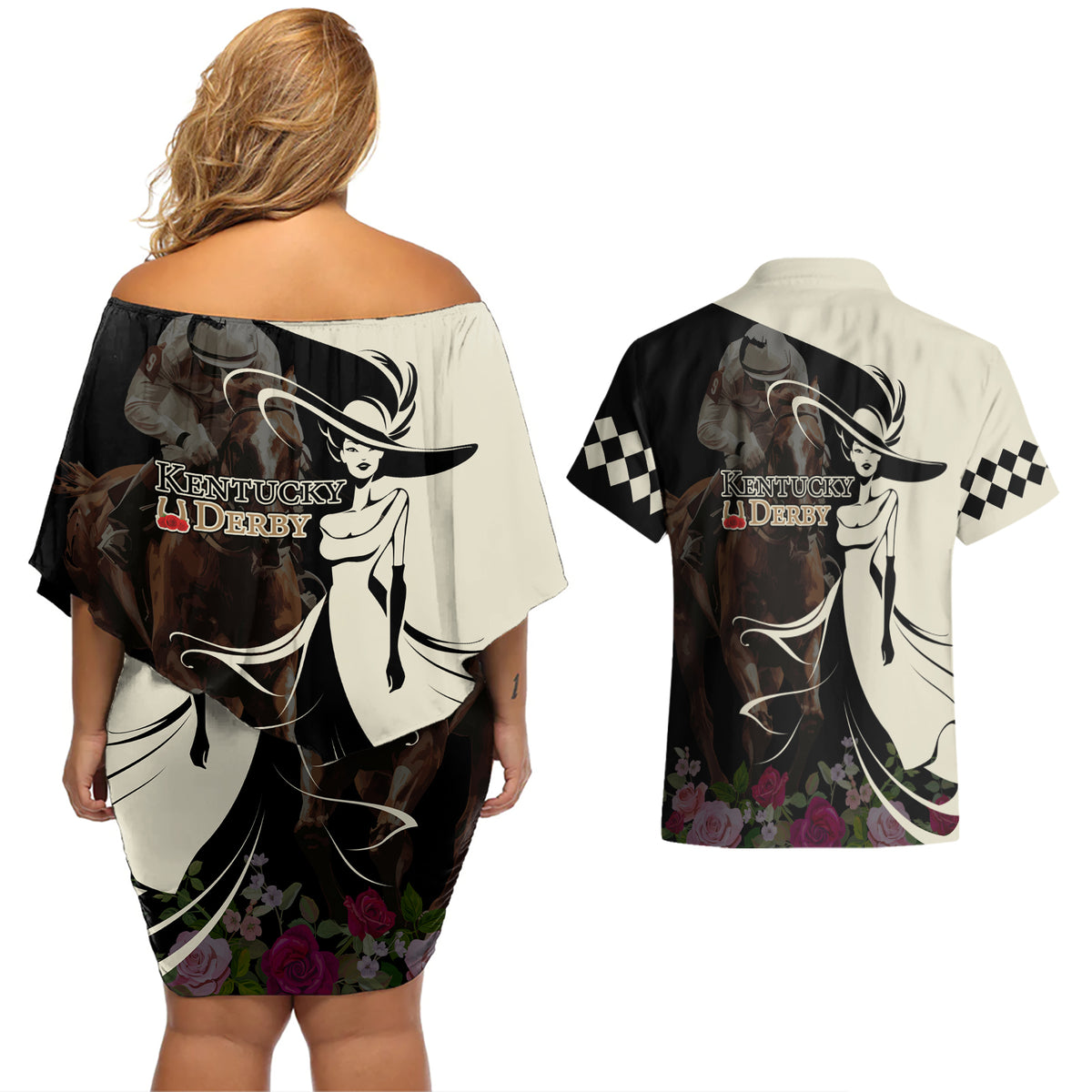Kentucky Racing Horses Derby Hat Girl Couples Matching Off Shoulder Short Dress and Hawaiian Shirt Black Color - Wonder Print Shop