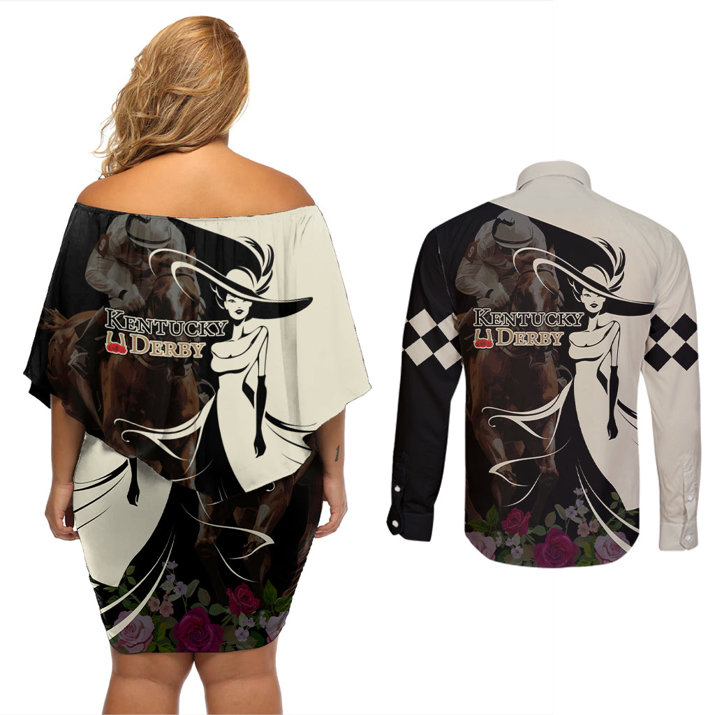 Kentucky Racing Horses Derby Hat Girl Couples Matching Off Shoulder Short Dress and Long Sleeve Button Shirt Black Color - Wonder Print Shop