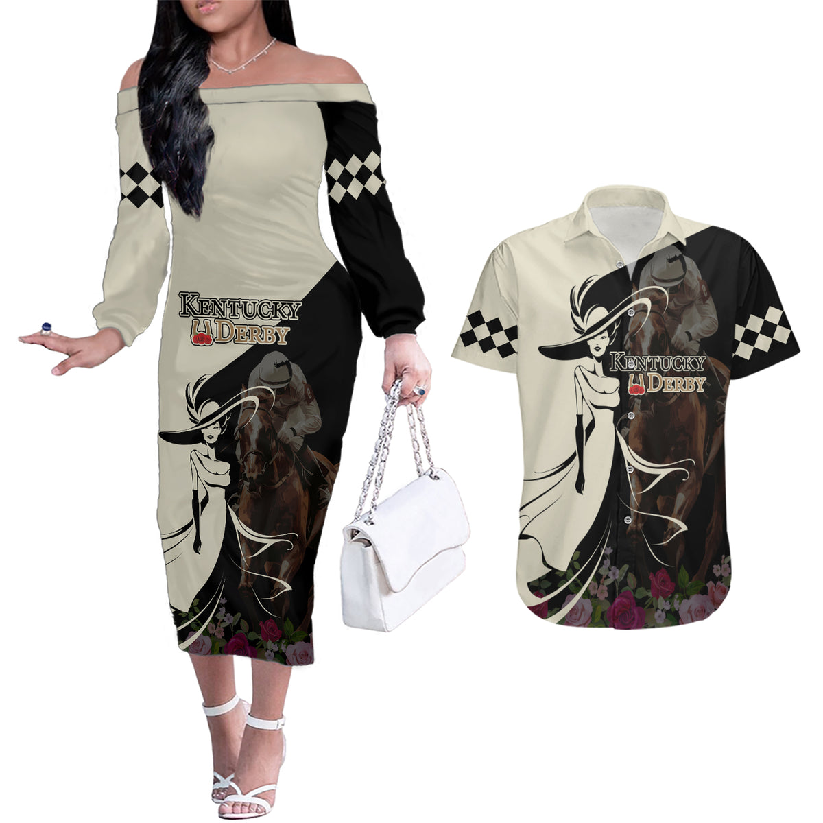 Kentucky Racing Horses Derby Hat Girl Couples Matching Off The Shoulder Long Sleeve Dress and Hawaiian Shirt Black Color - Wonder Print Shop