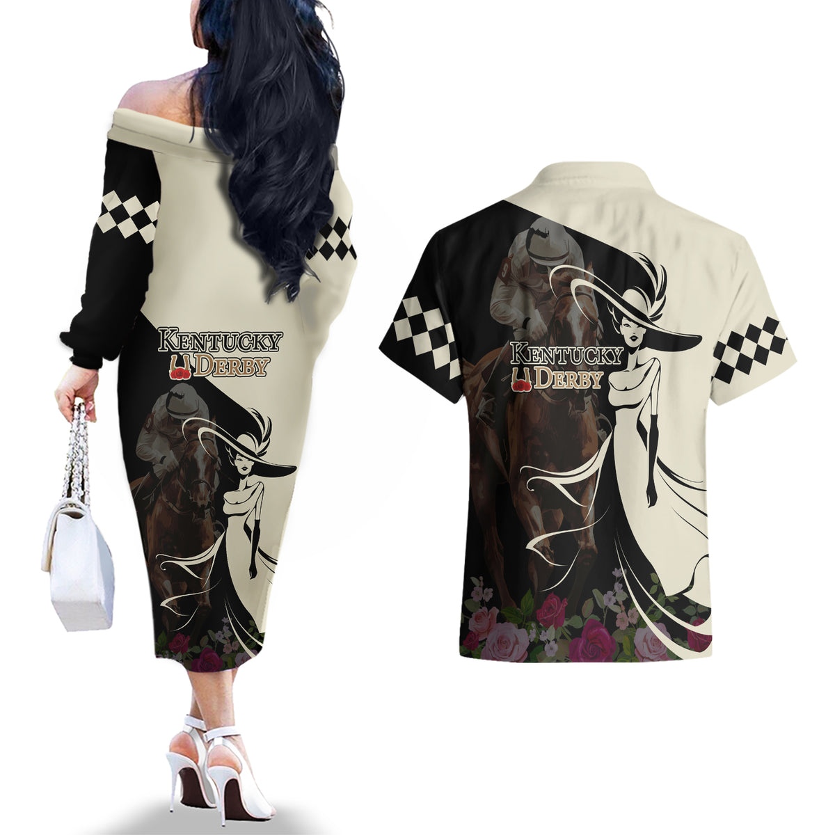 Kentucky Racing Horses Derby Hat Girl Couples Matching Off The Shoulder Long Sleeve Dress and Hawaiian Shirt Black Color - Wonder Print Shop