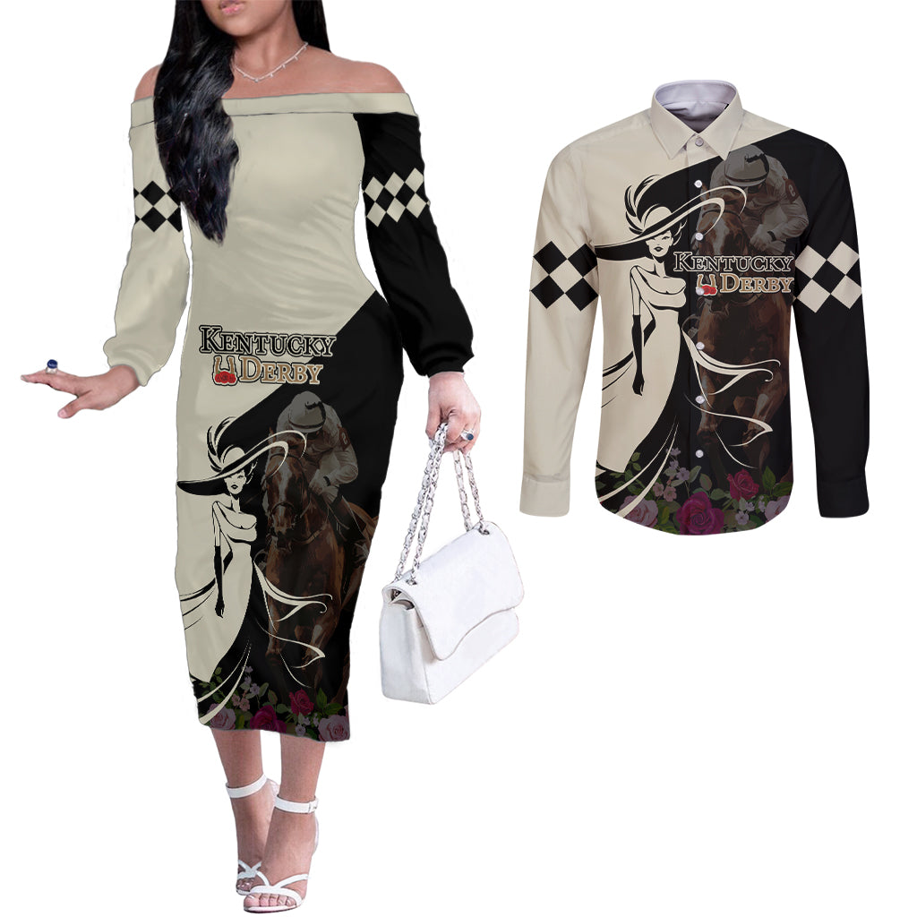 Kentucky Racing Horses Derby Hat Girl Couples Matching Off The Shoulder Long Sleeve Dress and Long Sleeve Button Shirt Black Color