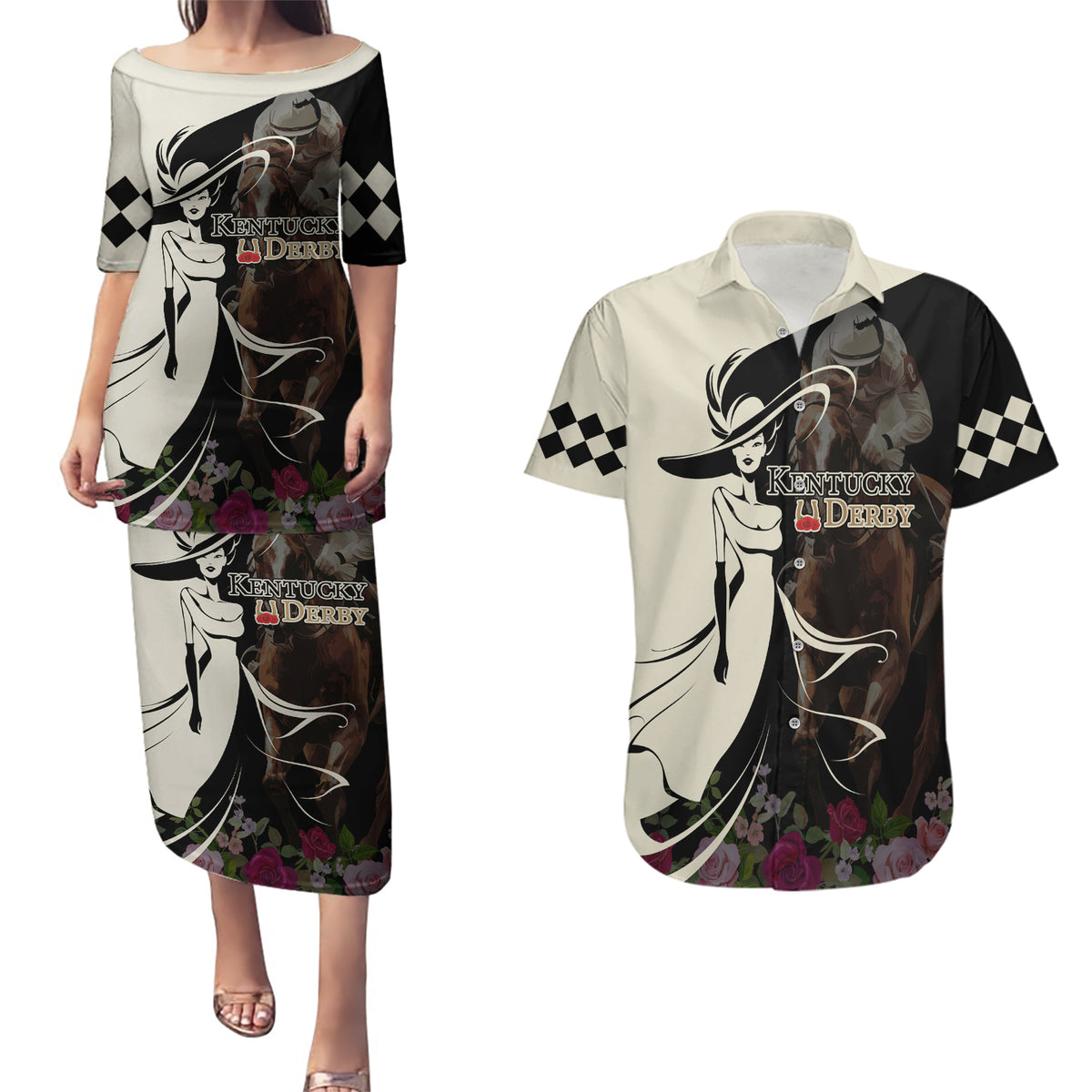 Kentucky Racing Horses Derby Hat Girl Couples Matching Puletasi and Hawaiian Shirt Black Color - Wonder Print Shop
