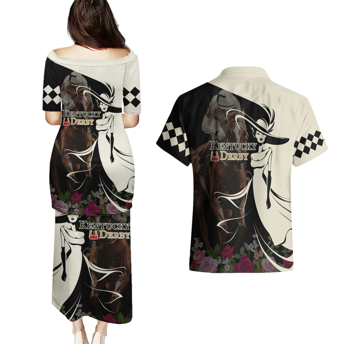 Kentucky Racing Horses Derby Hat Girl Couples Matching Puletasi and Hawaiian Shirt Black Color - Wonder Print Shop