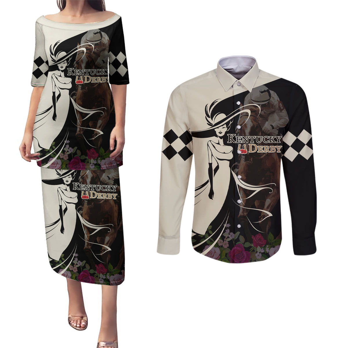 Kentucky Racing Horses Derby Hat Girl Couples Matching Puletasi and Long Sleeve Button Shirt Black Color - Wonder Print Shop