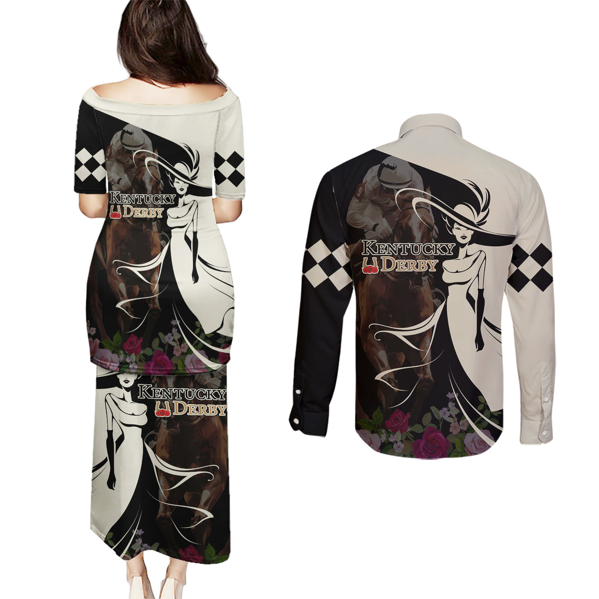 Kentucky Racing Horses Derby Hat Girl Couples Matching Puletasi and Long Sleeve Button Shirt Black Color - Wonder Print Shop
