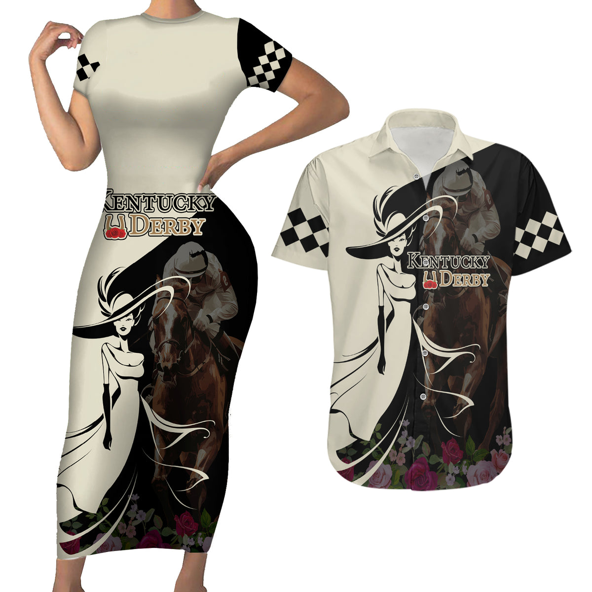 Kentucky Racing Horses Derby Hat Girl Couples Matching Short Sleeve Bodycon Dress and Hawaiian Shirt Black Color - Wonder Print Shop